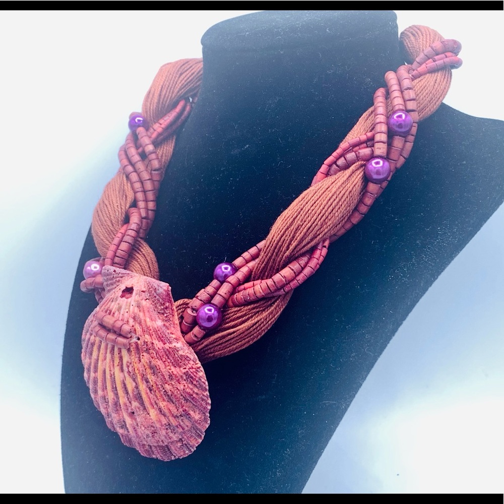 Dyed seashell & yarn woven necklace burnt orange coastal beach island theme